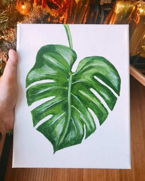 Painted Monstera Leaves, Monstera Painting Acrylic, Monstera Plant Painting, Painting Leaves Acrylic, Plant Art Drawing, Monstera Leaf Painting, Monstera Painting, Mask Drawing, Small Canvas Paintings