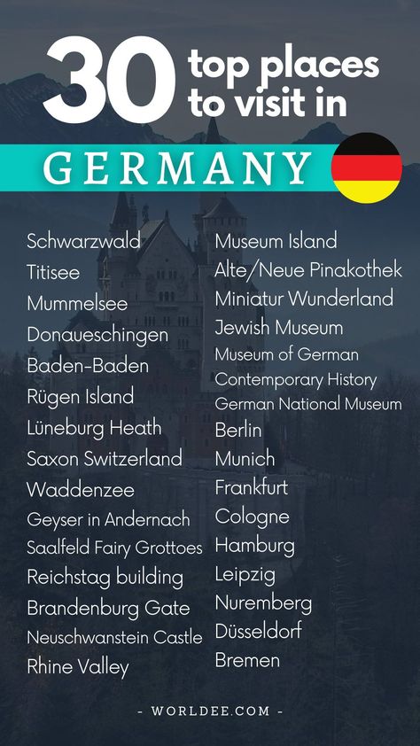 This Germany travel guide contains the 30 best places to visit in Germany. Learn about the best things to do in Germany. Some of the best places to visit in Germany are Schwarzwald, Saxon Switzerland, Neuschwanstein Castle or Berlin. Check out Worldee - a digital travel diary and trip planner for your next adventure. → Worldee is the best travel app for Android and iOS. German Cities To Visit, Places To Travel In Germany, Places To Go In Germany, Best Things To Do In Germany, German Places, Germany Places, Things To Do In Germany, Germany Bucket List, Berlin Germany Travel