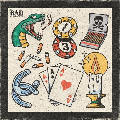 Grant MacDonald on Instagram: “Flash Sheet No.3 . #tattoo #tattooflash #theskullreserve #poker #snake #truegrittexturesupply #outdoorlife #camping #outdoor #retrosupply…” Bad Character, Poker Tattoo, Playing Card Tattoos, Camping Tattoo, Traditional Tattoo Flash Art, American Traditional Tattoo Ideas, Traditional Tattoo Ideas, 3 Tattoo, Flash Sheet