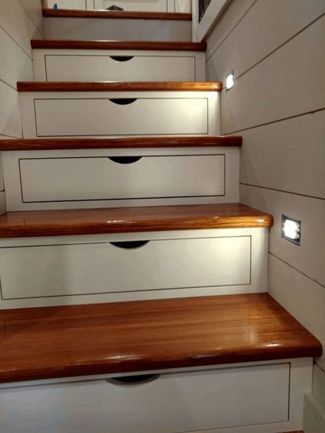 Tiny House Kitchen Storage, Painted Staircases, Stairs Storage, Tiny House Stairs, Diy Staircase, Stairs Makeover, Tiny House Storage, Staircase Storage, Staircase Makeover