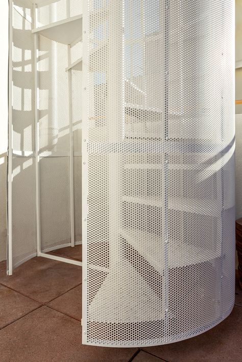 Round Stairs, Metal Stairs, Metal Railings, Staircase Railings, Spiral Stairs, Perforated Metal, Round House, Spiral Staircase, Staircase Design