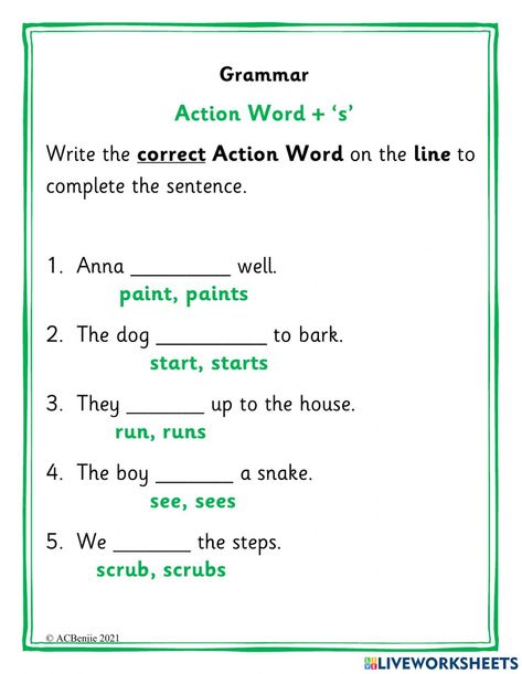 Activity For Kindergarten, Classroom Anchor Charts, Subject Verb Agreement, Singular And Plural, Subject And Verb, Action Words, Online Activities, School Subjects, Online Workouts