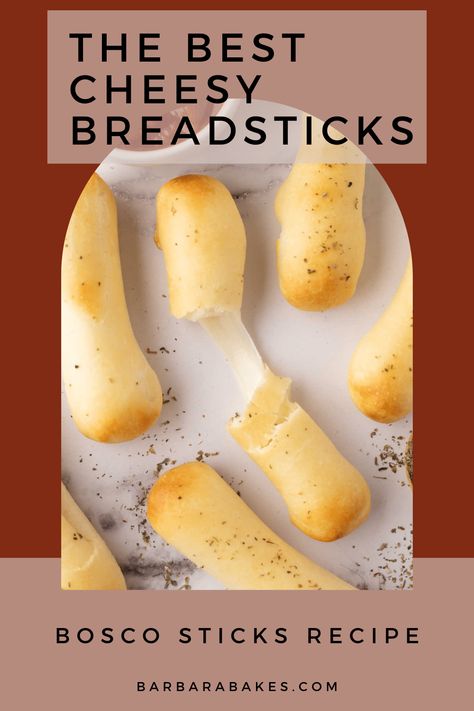 This Bosco Sticks recipe creates irresistibly soft, golden-brown cheesy breadsticks! Topped with a perfect blend of melted butter and herbs, these homemade breadsticks are loaded with gooey cheese—the ultimate comfort food that's sure to become a family favorite. via @barbarabakes Homemade Bosco Sticks, Bosco Sticks Recipe, Soft Breadsticks Recipe, Bosco Sticks, Cheese Stuffed Breadsticks, Breadstick Recipe, Cheese Breadsticks, Cheese Sticks Recipe, Homemade Mozzarella Cheese