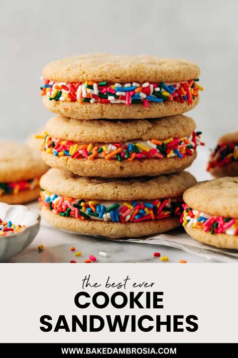 Cookie Sandwiches Cookie Sandwich Frosting, Sandwich Cookie Recipes, Cookie Sandwiches, Filling For Cookie Sandwiches, Cookie Filling Sandwich, Buttercream Cookie Sandwich, Sprinkle Cookie Sandwich, I’ve Cream Cookie Sandwich, Cookie Sandwich