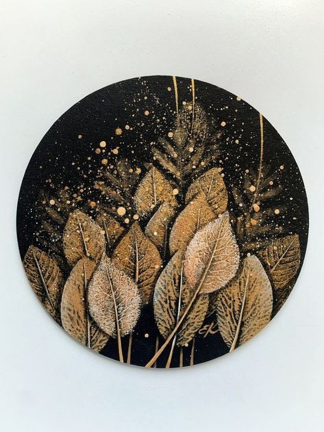 Black And Gold Abstract Painting, Leaf Art Diy, Black And Gold Abstract, Ideas Cuadros, Leaves Painting, Gold Abstract Painting, Gold Art Painting, Acrylic Painting Lessons, Stick Art