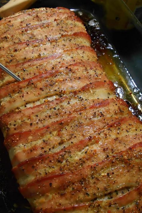 Bacon wrapped oven roasted Pork Loin Pork Loin Wrapped In Bacon In Oven, Bacon Wrapped Pork Loin In Oven, Bacon Wrapped Pork Roast, Bacon Wrapped Stuffed Pork Loin, Pork Loin Wrapped In Bacon, Oven Roasted Pork Loin, Pork Loin Oven, Pork Loin Recipes Oven, Bacon Wrapped Tenderloin