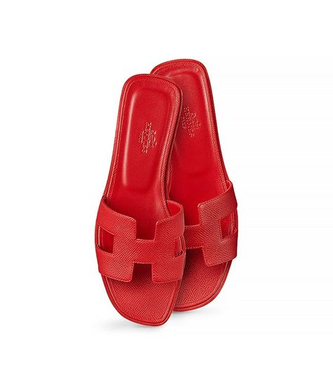 Calfskin Logo Sandal, Red via @WhoWhatWear Hermes Slippers, Sanrio Bags, Hermes Oran Sandals, Perfect Summer Outfit, Sandals Outfit, Red Sandals, Hermes Shoes, Aesthetic Shoes, Pretty Shoes