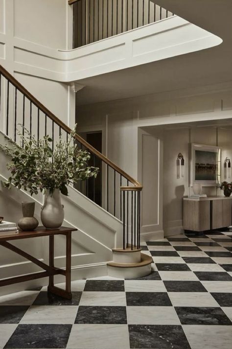 European Inspired Homes, Luxury Modern Staircase, British Townhouse Interior, Modern Checkered Floor, Dramatic Entryway Foyers, Historical Houses Interior, Entry Way With Stairs, Classic Entrance Design, Rowhouse Interiors