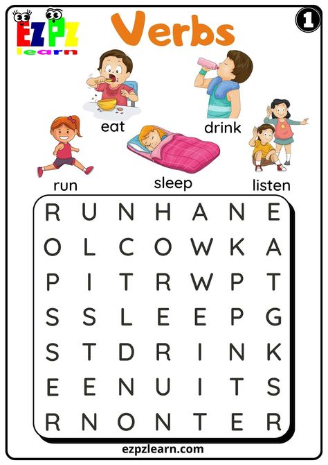 Action Verbs - Ezpzlearn.com Verbs Worksheet For Kindergarten, Verbs For Kindergarten, Verb Word Search, Action Verbs Activities, Action Verbs Worksheet, Eng Grammar, Verbs For Kids, Holiday Word Search, Verbs Worksheet