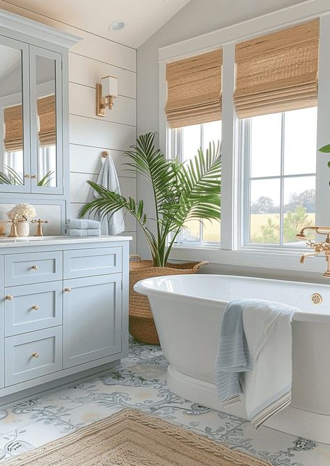 Bathroom Ideas Hamptons Coastal Style, Cape Cod Style Bathroom, Sea Inspired Bathroom, Coastal Grandma Bathroom, Nautical Bathroom Decor Ideas, Beachy Bathroom Ideas, Coastal Blue Bathroom, Coastal Theme Bathroom, Coastal Chic Bathroom