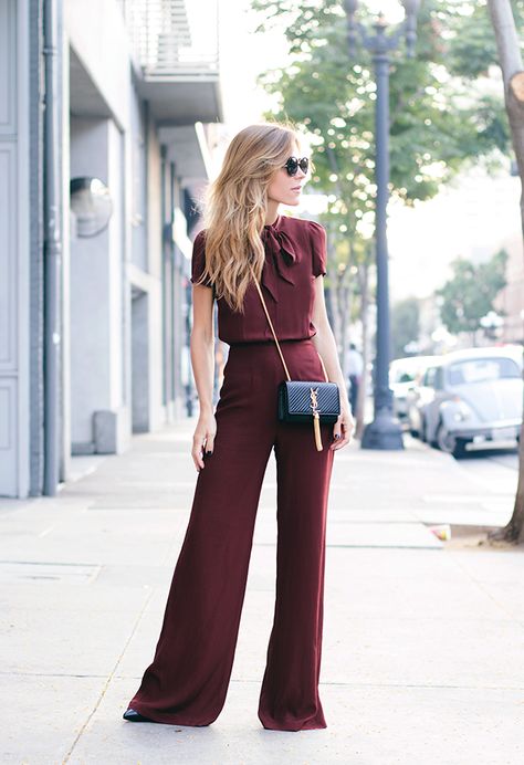 How to Wear a Jumpsuit—45 easy outfits to copy | Oxblood wide leg jumpsuit. Such a cute date night outfit! Maroon Outfit, Burgundy Jumpsuit, Burgundy Outfit, Fest Outfits, Fabric Dye, Jumpsuit Outfit, Mode Inspo, Red Fabric, Black Blazer