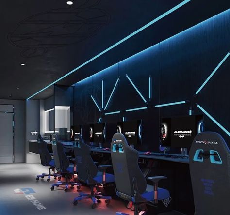 Feature Wall Interior Design, Black Wall Ideas, Dark Color Schemes, Gaming House, Security Room, Game Room Lighting, Gamer Design, Tech Room, Gaming Lounge