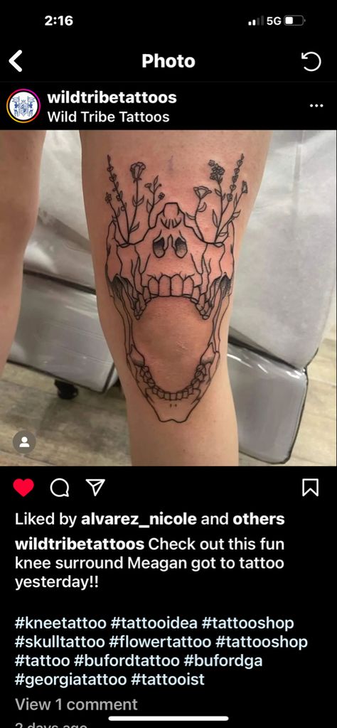 Mouth Around Knee Tattoo, Skull Tattoos Knee, Tattoo Over Knee Scar, Tattoo Ideas Female Above Knee, Side Shin Tattoo, Keep On Marching On Tattoo, Around The Knee Tattoo Ideas, Skeleton Tattoo Leg, Mural Tattoos For Women