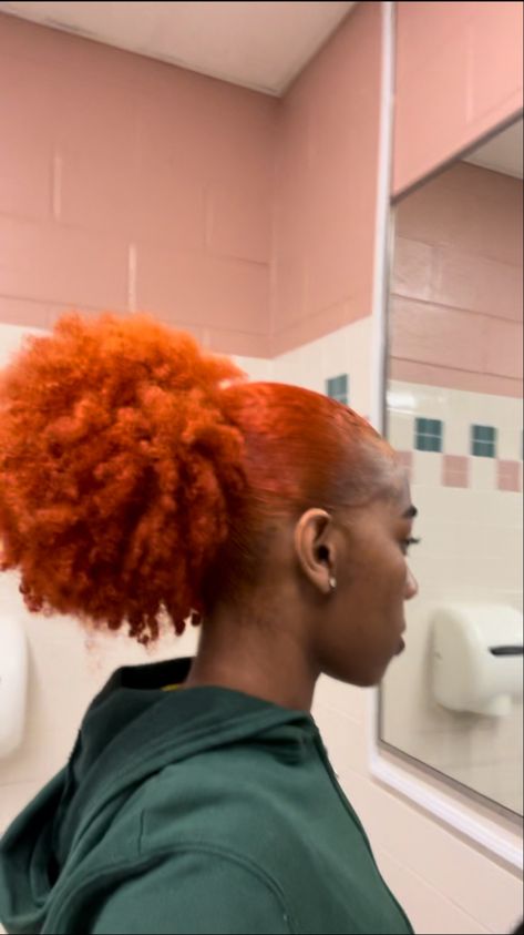 orange hair Orange Hair Black Women Natural, Bright Orange Hair Black Women, Hairstyles For Orange Hair, Dark Skin Ginger Hair, Dyed Afro Hair 4c, Hair Dye Orange, Orange Hair Black Women, Orange And Blue Hair, Red Hair Black Women