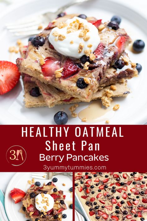 These Healthy Oatmeal Sheet Pan Berry Pancakes are made in a blender for an easy and flavorful breakfast.  Leftovers make a great meal option for busy weekday mornings. Sheet Pan Pancakes With Frozen Fruit, Healthy Sheet Pancakes, Sheet Pan Oat Pancakes, Berry Pancakes Recipe, Oatmeal Sheet Pan Pancakes, Sheet Pan Oatmeal Pancakes, Homemade Sheet Pan Pancakes, Healthy Sheet Pan Pancakes, High Protein Sheet Pan Pancakes