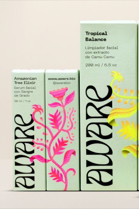 This genuinely wild approach to nature comes through right away in Fibra’s gorgeously florid design for the Peruvian skincare brand Aware. Brightly colored vines twist around the boxes, accompanied by a wavy, ‘70s-inspired logomark that heightens the trippy “lost in the jungle” aesthetic. Urban Packaging Design, Black White Packaging, Colorful Skincare Packaging, Packaging Design Makeup, Nature Inspired Packaging, 70s Inspired Design, Nature Packaging Design, Natural Packaging Design, Nature Branding Design