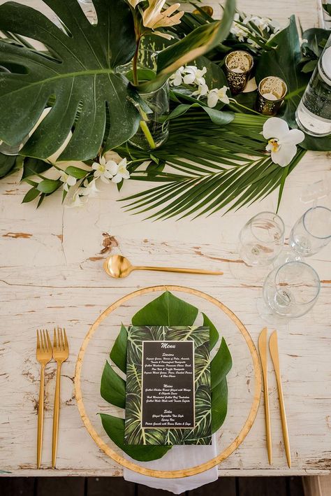 Table Greenery, Harvest Bowl, Sunset Tropical, Jungle Wedding, Tropical Wedding Theme, Tropical Flower Arrangements, Safari Wedding, Palm Design, Beachy Wedding