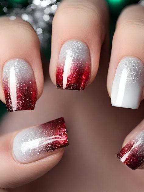 25 Ombre Christmas Nail Designs to Try in 2024 | Sarah Scoop Christmas Red Ombre Nails, Simple Holiday Nails Acrylic, Short December Nail Ideas, Shorter Christmas Nails, Ombre Nails With Red Design, Glitter Tips Gel Nails, Acrylic Nails Inspiration Simple, Christmas Red Gel Nails, Christmas Red Tip Nails