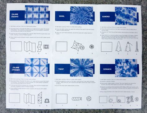 Indigo Shibori Techniques, Indigo Tie Dye Shibori, Shibori Pattern Tutorial, Shibori Tutorial Step By Step, Fabric Dye Techniques, Arashi Shibori Techniques, Itajime Shibori Folding Techniques, Tie Dye Methods Patterns, Shibori Folding Techniques Pattern