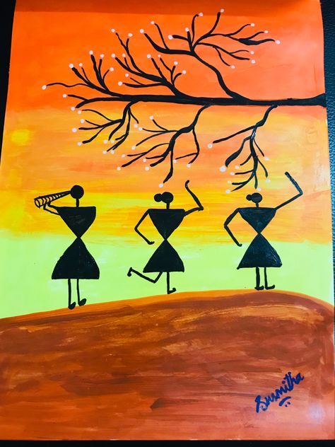 Acrylic Warli Art Paintings Warli Art Paintings On Wall, Warli Art Easy, Worli Painting, Warli Art, Composition Painting, School Wall Art, Fabric Paint Designs, Human Figure Drawing, Flower Stencil