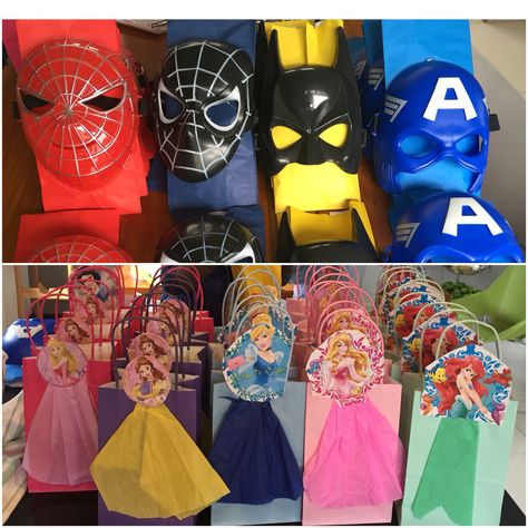 DIY party favors for twins superheroes and princesses 4th BDAY party! Princess And Superhero Birthday Party, Princess Vs Superhero Party, Princess Superhero Party Ideas, Princesses And Superheroes Party, Super Hero And Princess Party Ideas, Superhero And Princess Party, Princess And Superhero Party Decorations, Princess And Superhero Party Ideas, Princess Superhero Party