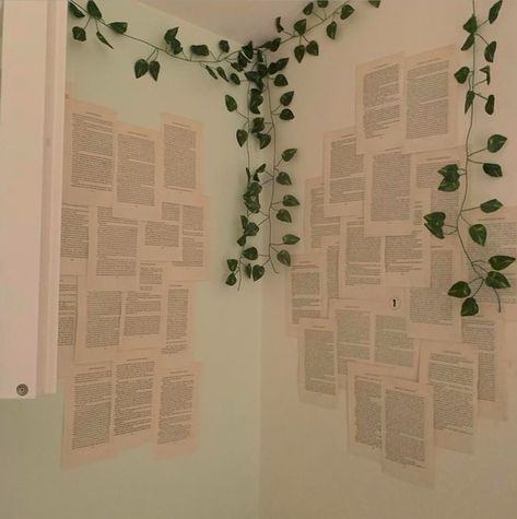 aesthetic page wall, vines Book Pages On Wall Bedroom Aesthetic, Vines In Classroom, Book Pages Wall Decor Aesthetic, Book Page Wall Bedroom, Bookish Wall Decor, Book Pages On Wall Aesthetic, How To Hang Vines On Walls, Book Pages On Wall Bedroom, Adornos Aesthetic