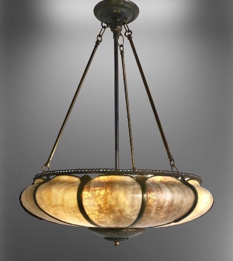 Handel was a Company that sold Portable Lamps at the turn of the 20th Century. Occasionally we run across a Ceiling Fixture that was theirs. This one is in the Arts and Crafts Art Nouveau style with Amber Slag glass panels. The bends in the panels are used to create a very low profile bowl which is quite stylized in the Art Nouveau Arts and Crafts style. Art Nouveau Light Fixtures, Art Nouveau Ceiling Light, Arts And Crafts Light Fixtures, Arts And Crafts Lighting, Art Nouveau Chandelier, 1920s Light Fixtures, Bedroom Lamps Ceiling, Craftsman Chandelier, Art Nouveau Bathroom