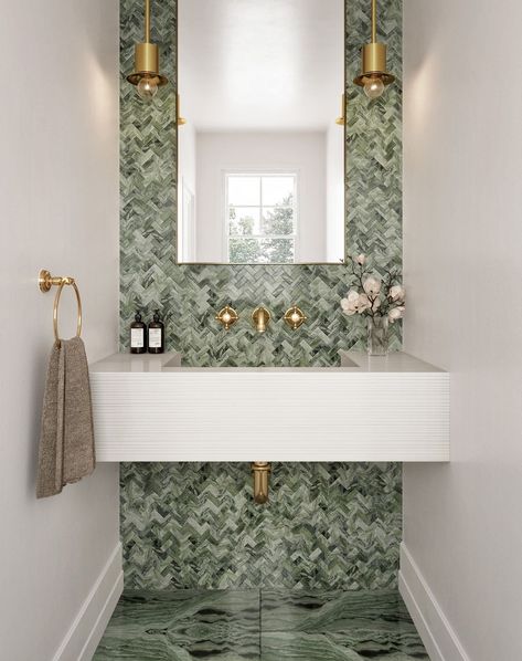 Think Green 💚 Our showstopping Nubo Verde field and mosaics are sure to transform your space. | Instagram Mosaic In Bathroom, Green Powder Room, Green Marble Bathroom, Cloakroom Toilet, Green Tile Bathroom, Luxe Bathroom, Stand Alone Tub, Ann Sacks, Mosaic Bathroom