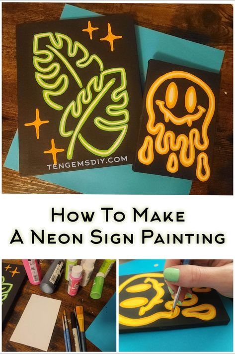 Oh my gosh, this tutorial for How To Make A Neon Sign Painting has us so excited! These DIY neon signs will go great next to the lava lamp. Neon Art Tutorial, Arts And Crafts Middle School Ideas, Arts And Crafts Middle School, One Lesson Art Ideas, Elementary Art Halloween Projects, Art Day Activities, Halloween Neon Painting, Neon Crafts For Kids, Neon Art Lesson