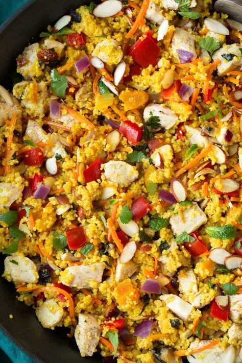 One Pan Moroccan Chicken and Couscous - Cooking Classy Cauliflower Taco Meat, Moroccan Chicken Couscous, Chicken Couscous Salad, Chicken And Couscous, Cauliflower Taco, Vegan Stuffed Bell Peppers, Chicken Couscous, Vegan Nachos Cheese, Vegan Richa