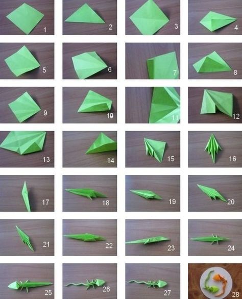 Rainforest Lessons, Origami Lizard, Origami Insects, Sticky Note Origami, Creative Origami, Dollar Origami, Origami Diagrams, Origami Models, Origami Dragon