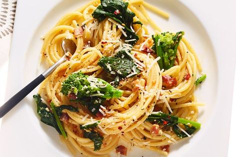 Miso Carbonara with Broccoli Rabe and Red-Pepper Flakes recipe | Epicurious.com Miso Carbonara, Red Pepper Flakes Recipes, Traditional Carbonara Recipe, Miso Paste Recipes, Miso Recipe, Red Miso, Miso Paste, Paste Recipe, Carbonara Recipe