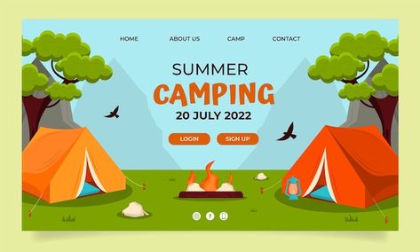 Free vector flat summer camping landing ... | Free Vector #Freepik #freevector #summer-camp #summer-template #summer-design #camping Summer Camp Banner, Summer Banner Design, Camp Banner, Camp Flyer, Summer Template, Summer Banner, Custom Flyers, Summer Camps For Kids, Landing Page Template