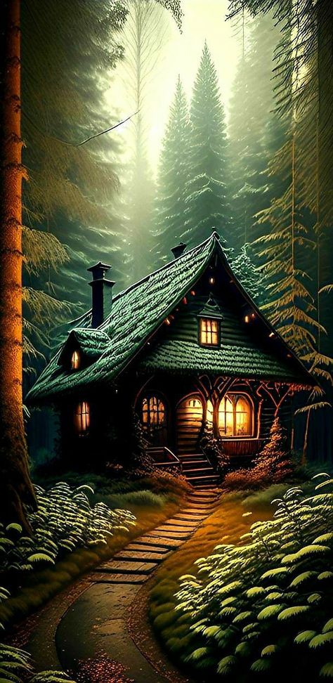 Scary Landscape, Houses In The Woods, Lock Screen Iphone, Aesthetic Digital Art, Background Scenery, Fairytale House, Cottage Painting, Scenery Paintings, Forest Illustration