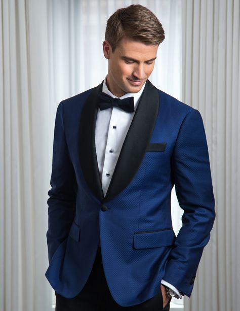 BALANI Custom Royal Blue Tuxedo with contrasting black satin lapels. Blue Suit Outfit, Blue Tuxedo Jacket, Blue Tuxedo Wedding, Tuxedo Wedding Suit, Prom Men, Blue Tuxedo, Custom Tuxedo, Blue Suit Wedding, Suit Pin