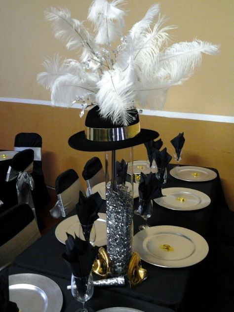 Top hat centerpieces Hat Centerpieces, Harlem Nights Theme Party, Top Hat Centerpieces, Harlem Nights Party, Harlem Nights Theme, Harlem Nights, Feather Centerpieces, Gatsby Theme, Snowman Hat