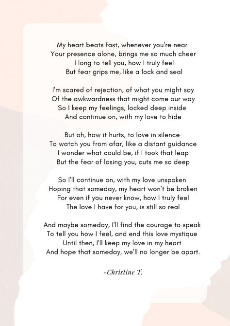 Poems about love specifically about confessing of feelings by Christine T. Poems On Rejection, Love Confession Letter, How To Confess Your Feelings, Essay About Love, Confession Letter To Crush, Love Confessions Quotes, Confession Letter, Crush Poems, Poem About Love