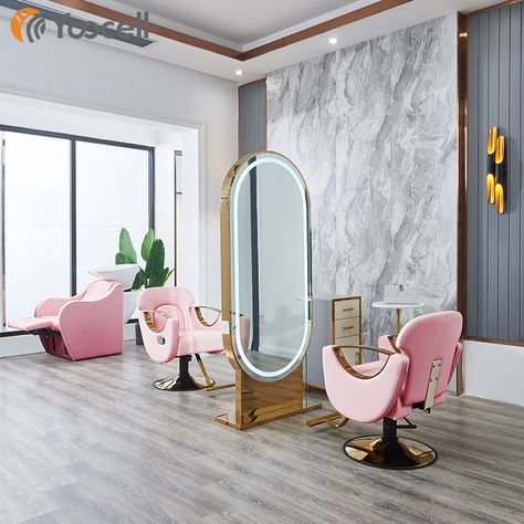 Small Salon Designs Layout, Luxury Salons, Parlour Interior, Beauty Salon Interior Design Ideas, Chair Hair Salon, Hair Salon Furniture, Eyelash Decor, Salon Interior Design Ideas, Pink Salon