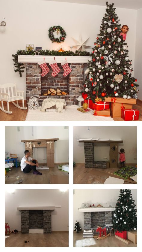 DIY fireplace for Christmas shooting decor using boxes Diy Pretend Fireplace, Chimney Christmas Decor Diy, Diy Fireplace For Christmas, Chimney Photoshoot, Homemade Fireplace For Christmas, Cardboard Box Christmas Tree, Faux Fireplace Diy Cardboard Christmas, Fake Chimney For Christmas, Diy Fireplace Christmas Decor