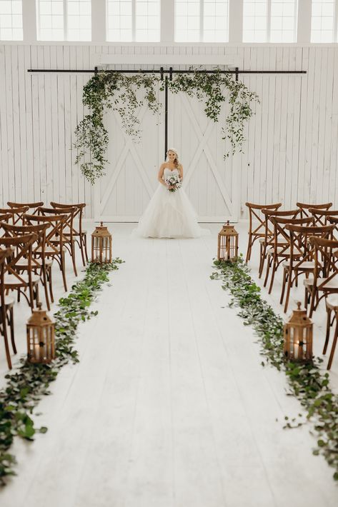 Wedding Aisle Decoration Indoor, Neutral Wedding Aisle Decor, Greenery Lining Wedding Aisle, Wedding Ceremony With Greenery, Eucalyptus Down The Aisle, Minimal Isle Decor, Ceremony Aisle Greenery, Aisle Decor Wedding Outdoor, Ceremony Walkway Decor