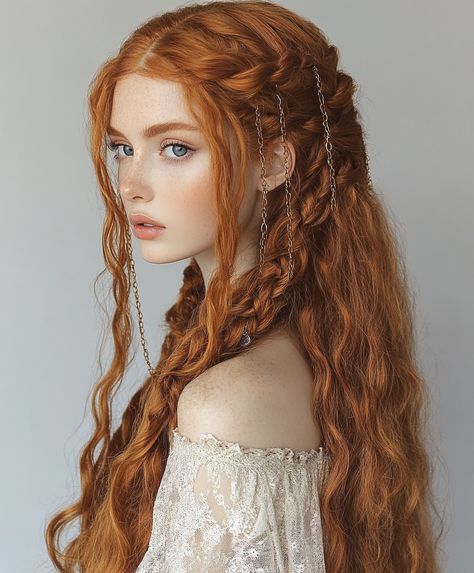 Boho Ginger Chain Loop Braids 🌿🌼 Braiding Long Hair, Ethereal Aesthetic Hair, Dark Fantasy Hairstyles, Bridgestone Hairstyles, Pale Ginger Hair, Braid Over Shoulder, Red Haired Girl Aesthetic, Noble Hairstyles, Red Hair Styles Hairstyles