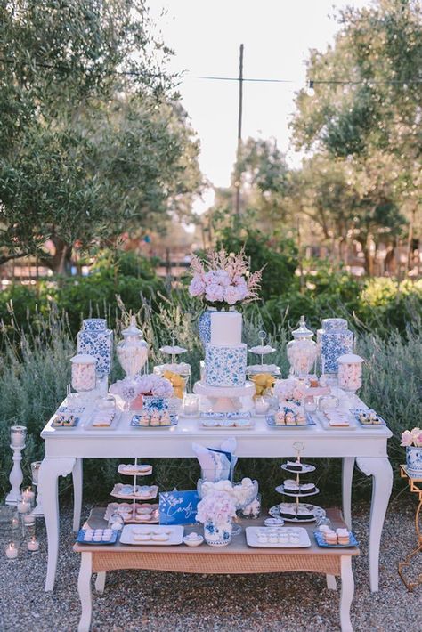 Blue & White Floral Dessert Table from a Floral Vineyard Baptism Celebration on Kara's Party Ideas | KarasPartyIdeas.com (12) Blue Dessert Table Wedding, Something Blue Bridal Shower Dessert Table, White And Blue Dessert Table, Blue And White Candy Bar, Dessert Table Bridal Shower Ideas, Bridgerton Dessert Table, Blue Dessert Table Ideas, Blue And White Dessert Table, Blue Dessert Table