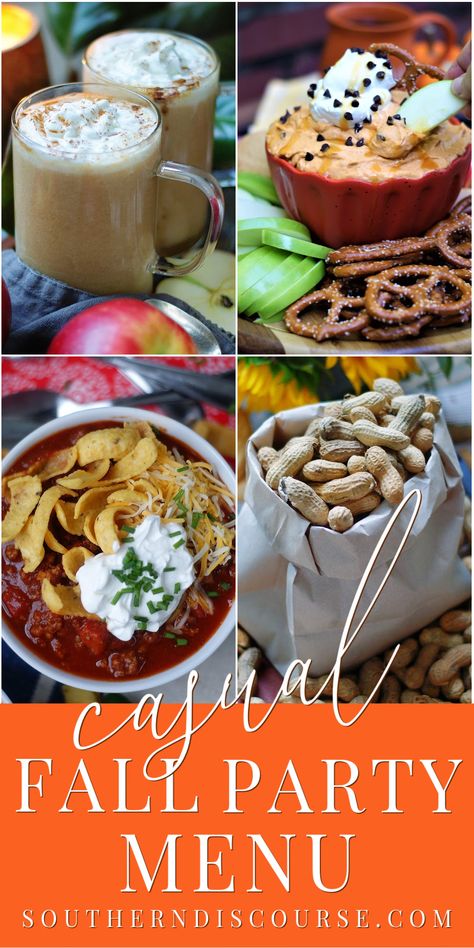 Are you hosting a fall party this year? These recipes will help you put together a fun, casual fall party menu that’s perfect for gathering around the fire pit, before or after trick or treating, or just getting together with friends to celebrate the season. Friend Fall Party, Hosting A Fall Party, Bonfire Dinner Ideas, Fall Outdoor Party Food, Fall Friends Party, Fall Foods For Party Dinners, Fall Party Menu Ideas, Fall Get Together Party Ideas, Bonfire Menu