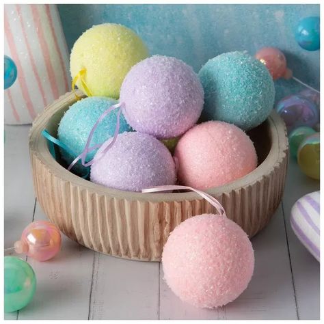 Pastel Flocked Ball Ornament Set | Hobby Lobby | 6052856 Pastel Christmas Crafts, Kids Christmas Tree Ornaments, Hobby Lobby Decor Christmas Decorations, Foam Ornaments, Sugarplum Christmas, Candy Props, Pastel Christmas Decor, Diy Christmas Candy, Pastel Wall Decor