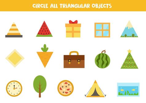 Find all triangular objects. Educational worksheet for children. Triangle Objects, Paper Bag Crafts, Educational Games For Kids, Educational Worksheets, Basic Shapes, Educational Games, Games For Kids, Premium Vector, Graphic Resources