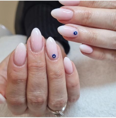 Milky White Nails Evil Eye, Evil Eye Nails Almond Shape, Turkish Nails Designs, Evil Eye Manicure, Evil Eyes Nail, Round Square Nails, Evil Eye Nail, Nails Details, Nails 23