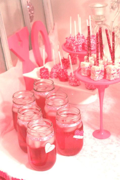 Valentine's Day dessert table designed by Bella Bliss Events www.bellablissnc.com #pinkparty #pinkdrink #desserttable #valentinesdayparty Pink Snack Bar Ideas, Pink Party Snack Table, Pink Birthday Snack Table, Pink Snack Table, Pink And Red Candy Table, Pink Candy Table Sweet 16, Quinceanera Food, Party Snack Table, Pink Snacks