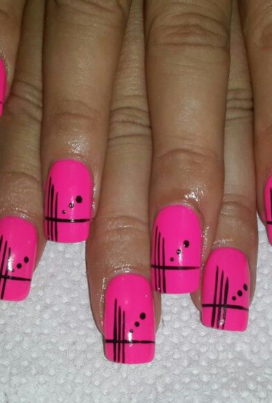 Easy Pink And Black Nail Designs, Pink Stripe Nails, Stripe Nail Designs, Hot Pink Black Nails, Pink Snd Black Nail Designs, Pink And Black Striped Nails, Black And Pink Zebra Nails, Rose Pink Nails, Line Nail Designs