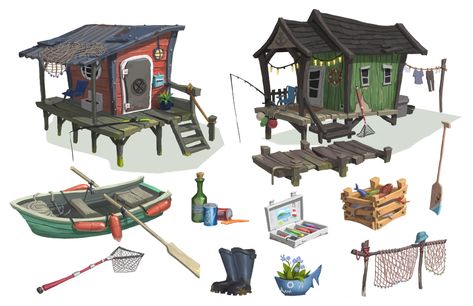 ArtStation - Fishermans Hut, Ilka Hesche Beach Props, Fish Hut, 3d Karakter, Fishing Shack, Fishing Dock, Props Concept, Bg Design, House Games, Props Art