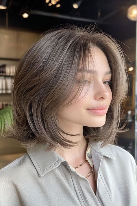 Layered Bob Haircut, Sophisticated Ash Brown Bob Asian Women Bob Haircut, Short Hair With Soft Layers, 90s Layered Bob Brown Hair, Bobcat Haircut, Ash Brown Bob Haircut, Short Brown Hair Layers, Short Ash Brown Hair, Korean Hair Colors, Short Hair With Face Framing Layers